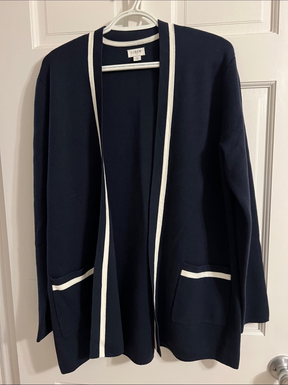 J. Crew Navy Cardigan with White Contrast Trim